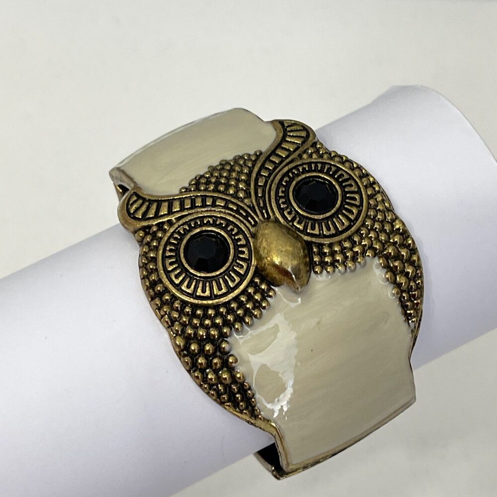 Gold-tone‎ White Black Owl Hinged Bracelet